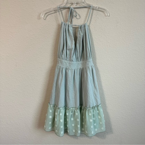 PrettyLittleThing Halter Dress Sage Green Polka Dot Ruffle Trim Fit & Flare - Picture 1 of 5